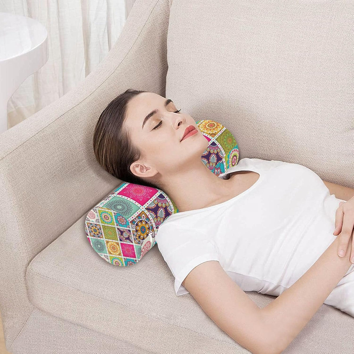c Neck Roll Pillow Bolster Round Health Memory Foam Long Cervical Cylinder Pillows with Removable Washable Cover for Body Bed Legs Back Yoga - Colors B