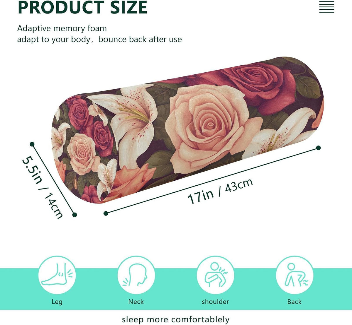 c Neck Roll Pillow Bolster Round Health Memory Foam Long Cervical Cylinder Pillows with Removable Washable Cover for Body Bed Legs Back Yoga - Colors B