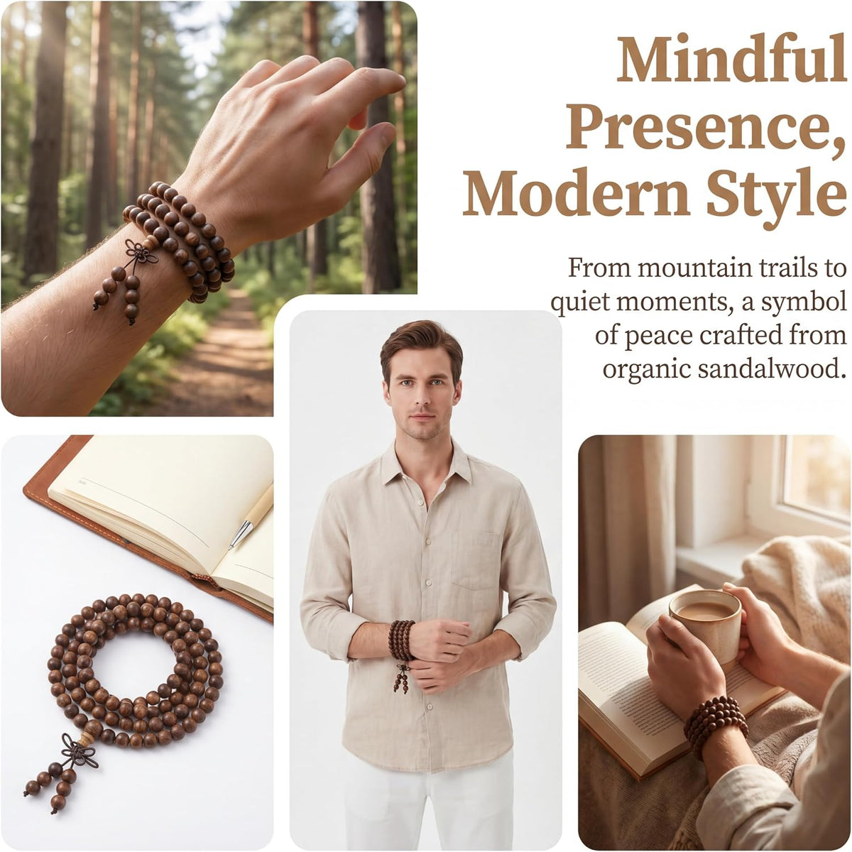 Handmade Mala Beads Bracelet 108 8mm Prayer Meditation Bracelet Sandalwood Elastic, Buddhist Beads, Prayer Mala Necklace for Men and Women Gifts