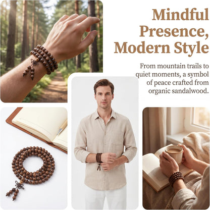 Handmade Mala Beads Bracelet 108 8mm Prayer Meditation Bracelet Sandalwood Elastic, Buddhist Beads, Prayer Mala Necklace for Men and Women Gifts