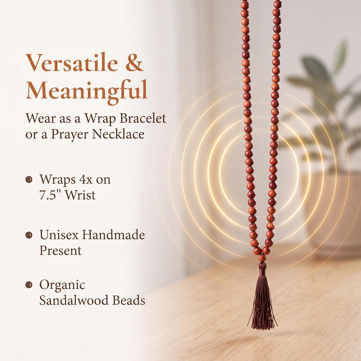 Handmade Mala Beads Bracelet 108 8mm Prayer Meditation Bracelet Sandalwood Elastic, Buddhist Beads, Prayer Mala Necklace for Men and Women Gifts