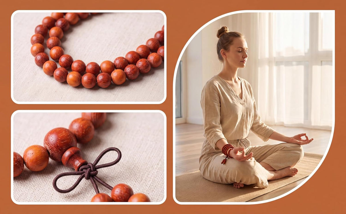 Handmade Mala Beads Bracelet 108 8mm Prayer Meditation Bracelet Sandalwood Elastic, Buddhist Beads, Prayer Mala Necklace for Men and Women Gifts