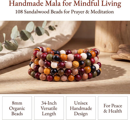 Handmade Mala Beads Bracelet 108 8mm Prayer Meditation Bracelet Sandalwood Elastic, Buddhist Beads, Prayer Mala Necklace for Men and Women Gifts
