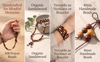 Handmade Mala Beads Bracelet 108 8mm Prayer Meditation Bracelet Sandalwood Elastic, Buddhist Beads, Prayer Mala Necklace for Men and Women Gifts