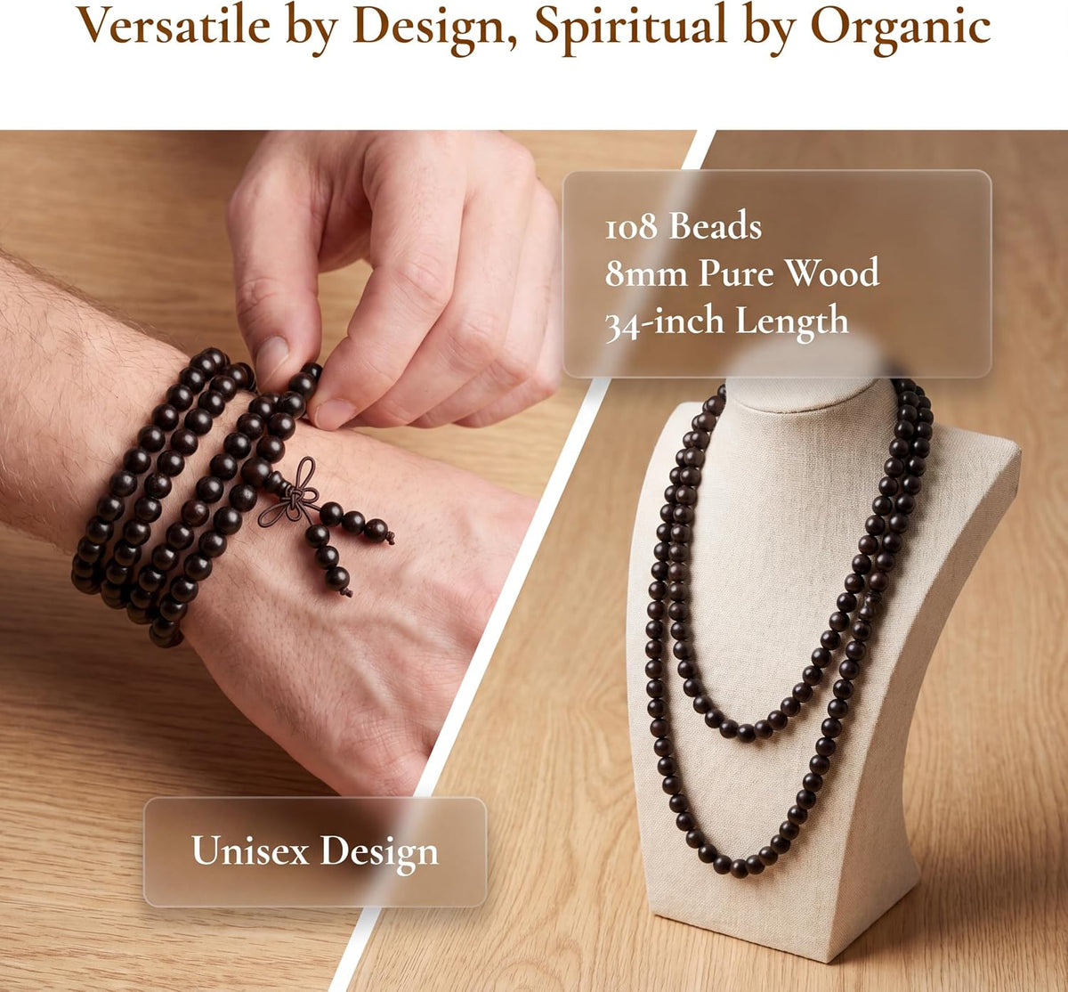 Handmade Mala Beads Bracelet 108 8mm Prayer Meditation Bracelet Sandalwood Elastic, Buddhist Beads, Prayer Mala Necklace for Men and Women Gifts