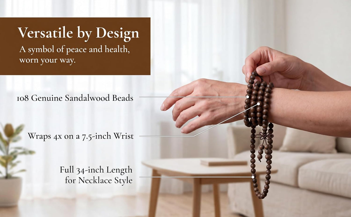 Handmade Mala Beads Bracelet 108 8mm Prayer Meditation Bracelet Sandalwood Elastic, Buddhist Beads, Prayer Mala Necklace for Men and Women Gifts