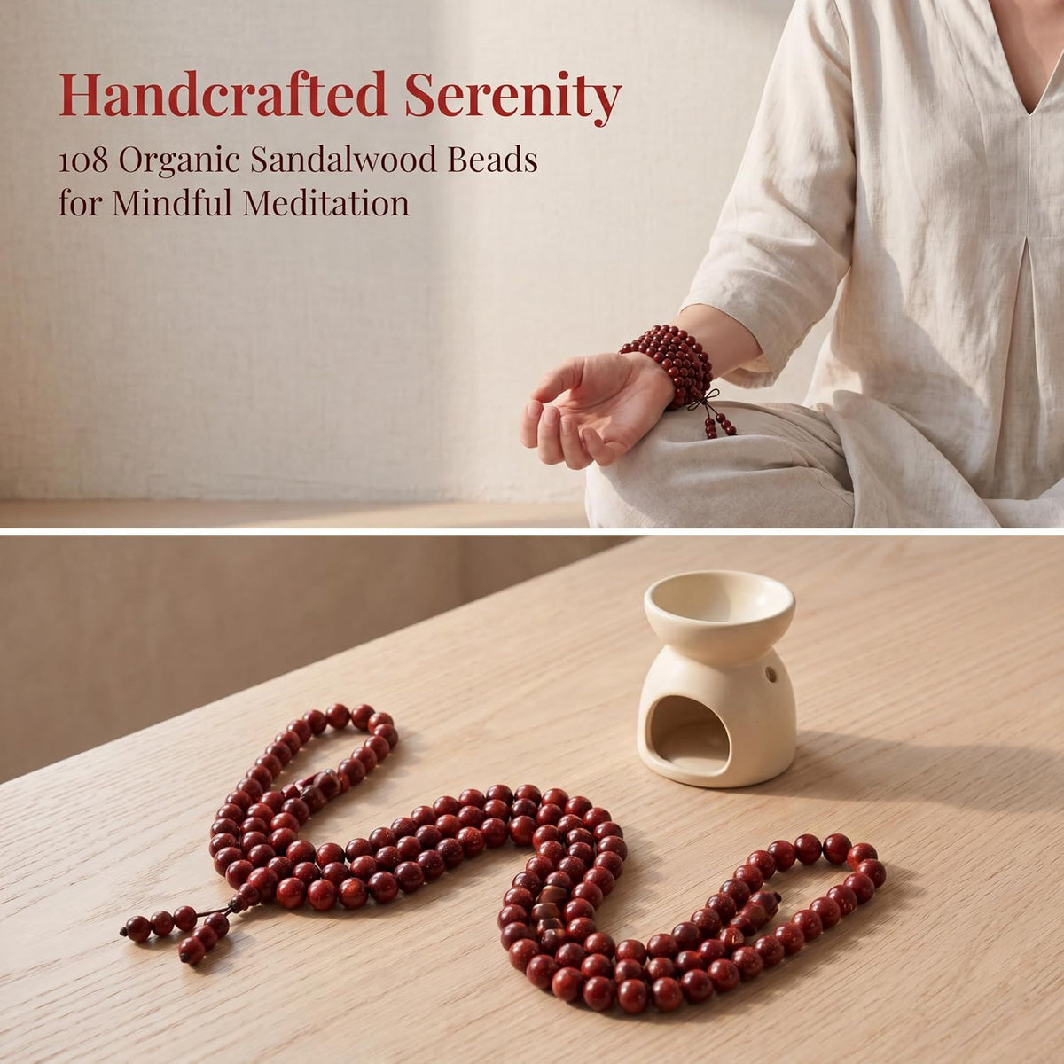 Handmade Mala Beads Bracelet 108 8mm Prayer Meditation Bracelet Sandalwood Elastic, Buddhist Beads, Prayer Mala Necklace for Men and Women Gifts