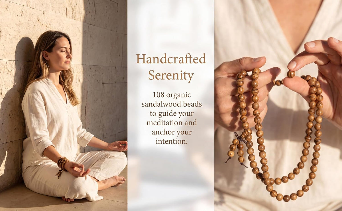 Handmade Mala Beads Bracelet 108 8mm Prayer Meditation Bracelet Sandalwood Elastic, Buddhist Beads, Prayer Mala Necklace for Men and Women Gifts