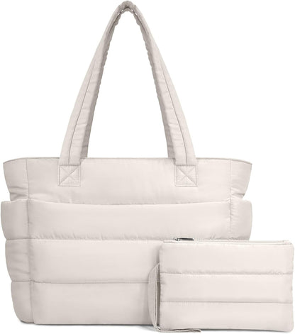 TOPDesign Puffer Tote Bag for Women, Lightweight Puffy Handbag with Compartments, Quilted Shoulder Bag for Work, Travel, Gym - Colors B