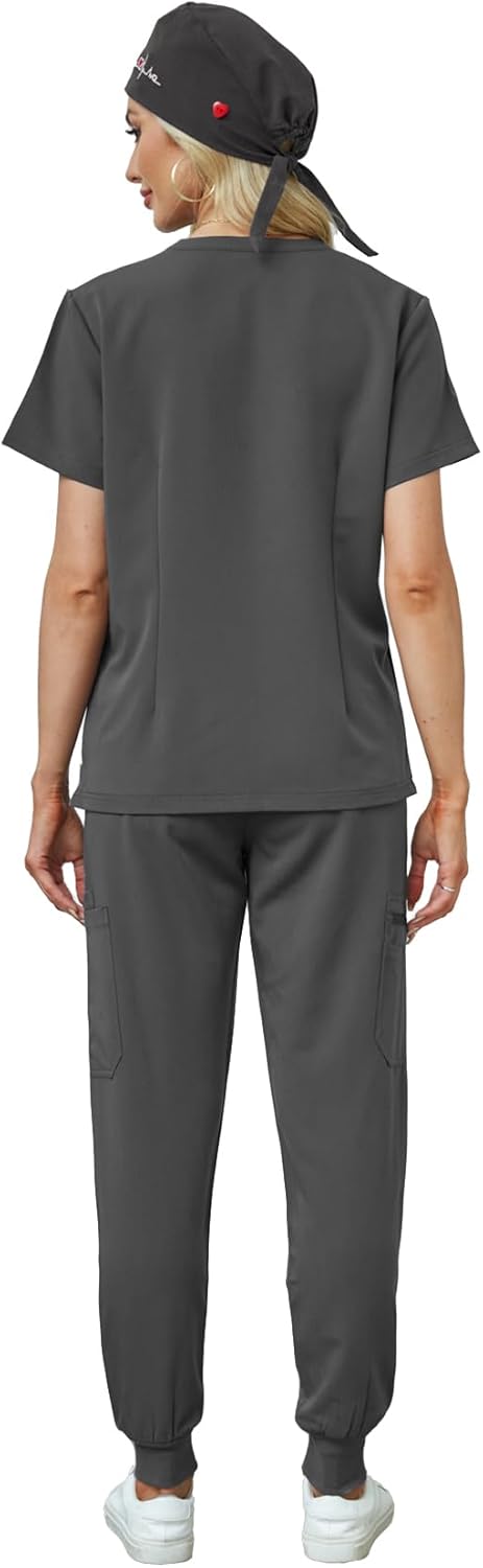 Women's V-Neck Scrubs Set With Cap, Stretchy Top and Jogger Pants, 11 Pockets Nursing Uniform
