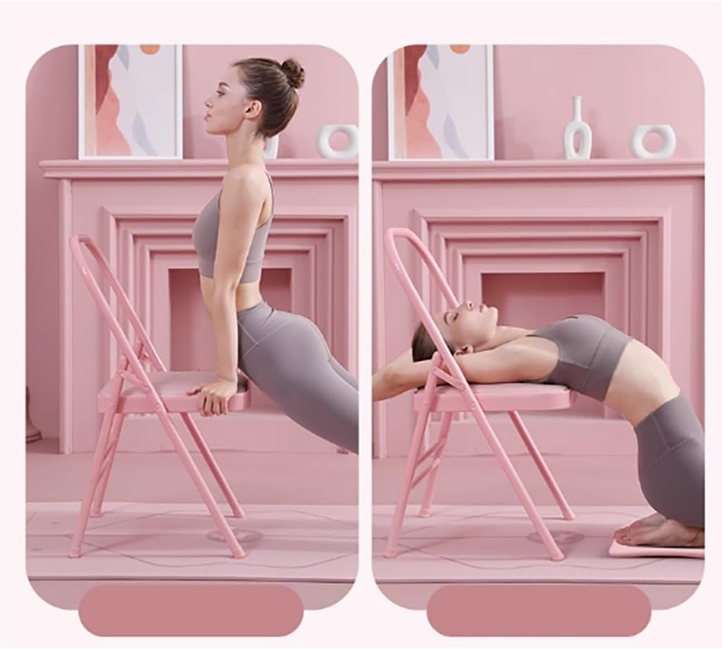 Yoga Auxiliary Chair with Lumbar Back Support,Metal Steel Frame, Backless Yoga Chair Prop,Foldable Portable Yoga Chair with PU Leather/Cotton Linen,Gray