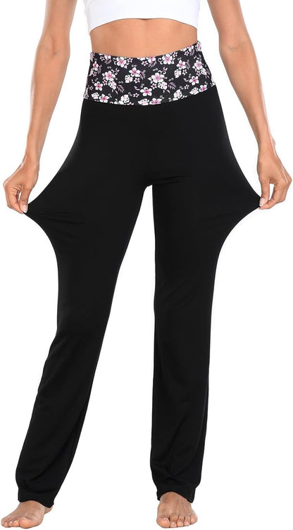 HDE Women's Color Block Fold Over Waist Yoga Pants Flare Leg Workout Leggings