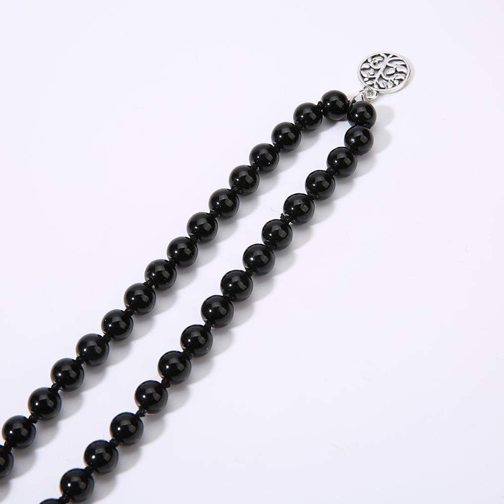 108 Mala Beads Necklace Semi-Precious Gem Stones Meditation Necklace 108 Hand Knotted Japa Mala Beaded Tassel Necklace with Tree of Life Pendant
