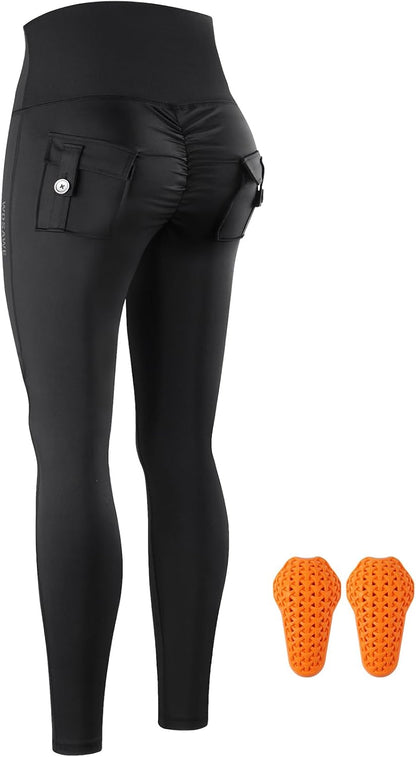 WOSAWE Women's Motorcycle Yoga Leggings with Removable Knee Pads Butt Lifting Cargo Pants