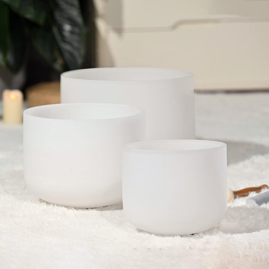 CVNC 440HZ 7"G+9"E+11"C 3 PCS Frosted Crystal Singing Bowls Set with Bag Mallets and Rubber O-rings for Sound Healing Bath Therapy Meditation Yoga Instrument Zen