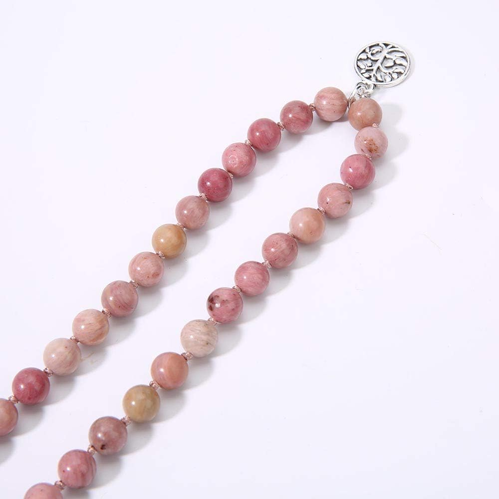 108 Mala Beads Necklace Semi-Precious Gem Stones Meditation Necklace 108 Hand Knotted Japa Mala Beaded Tassel Necklace with Tree of Life Pendant