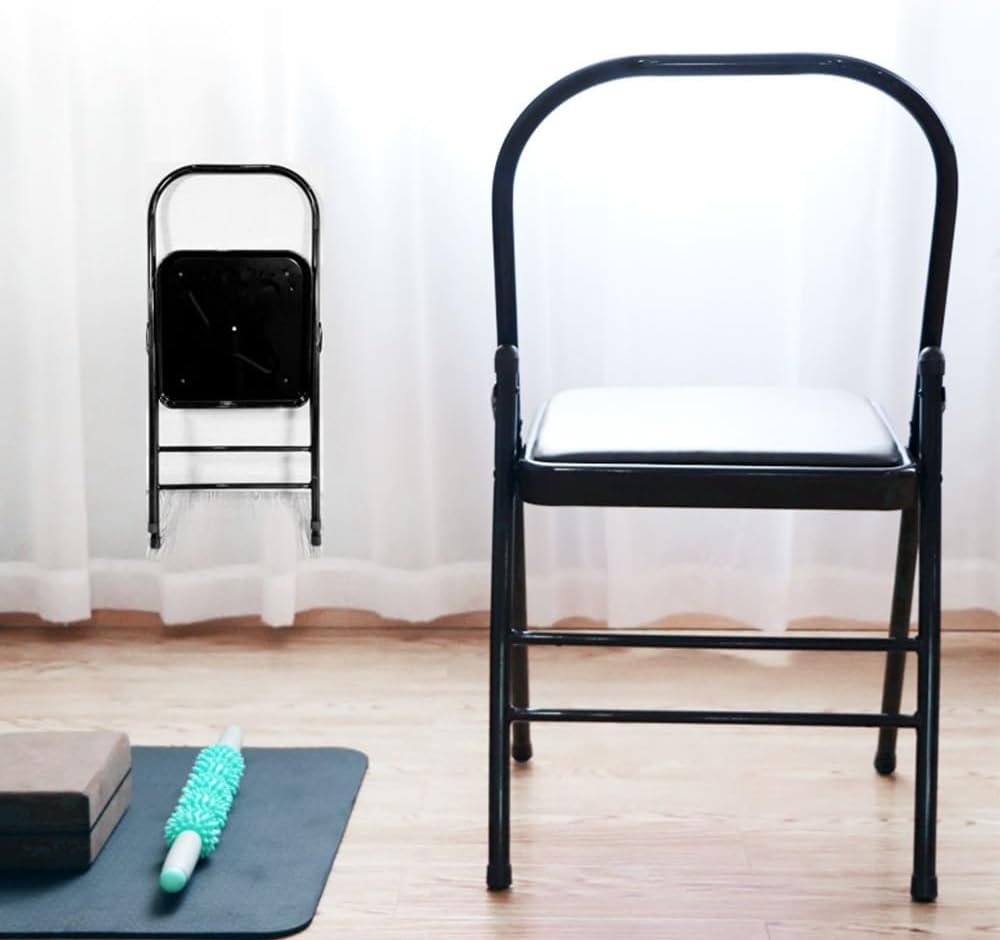 Yoga Chairs for Adults Folding Chairs with Comfortable Padded Yoga Auxiliary Chair Black/Brown Foldable Balance Chair(Black)