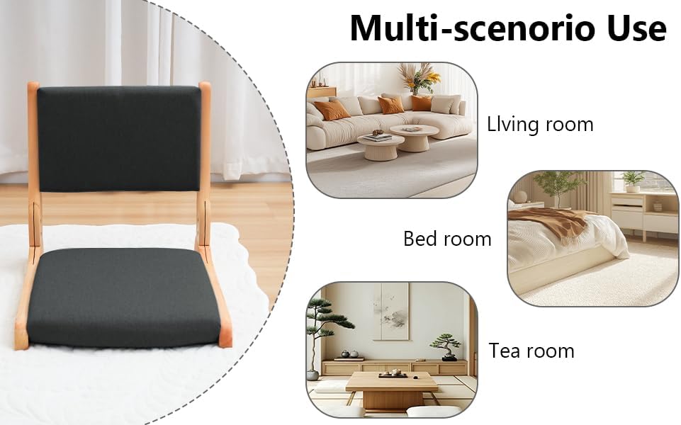 Japanese Floor Chair with Back Support, Foldable Meditation Chair, Legless Tatami Chair with Cushion, Floor Seat for Living Room, Bedroom, Bay Window (1, Gray)