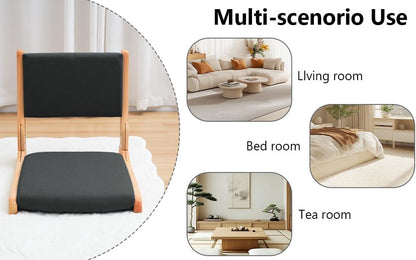 Japanese Floor Chair with Back Support, Foldable Meditation Chair, Legless Tatami Chair with Cushion, Floor Seat for Living Room, Bedroom, Bay Window (1, Gray)