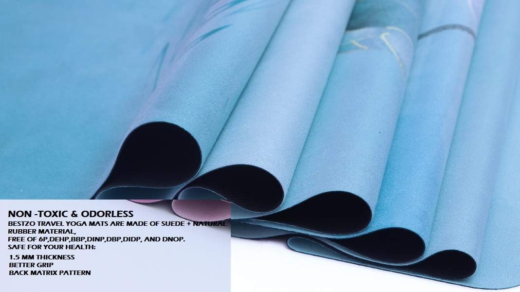 BESTZO Travel Yoga Mat-Sweat Absorbent Anti Slip,Portable 1/16 Inch Ultra Thin Folding Mat for Yoga Pilates Fitness Exercise,Comes with Carrying Bag (Quiet Lotus)