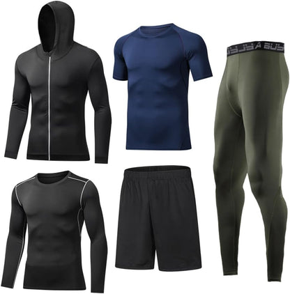 BUYJYA 5Pcs Men's Compression Pants Shirt Top Long Sleeve Jacket Athletic Sets Gym Clothing Mens Workout