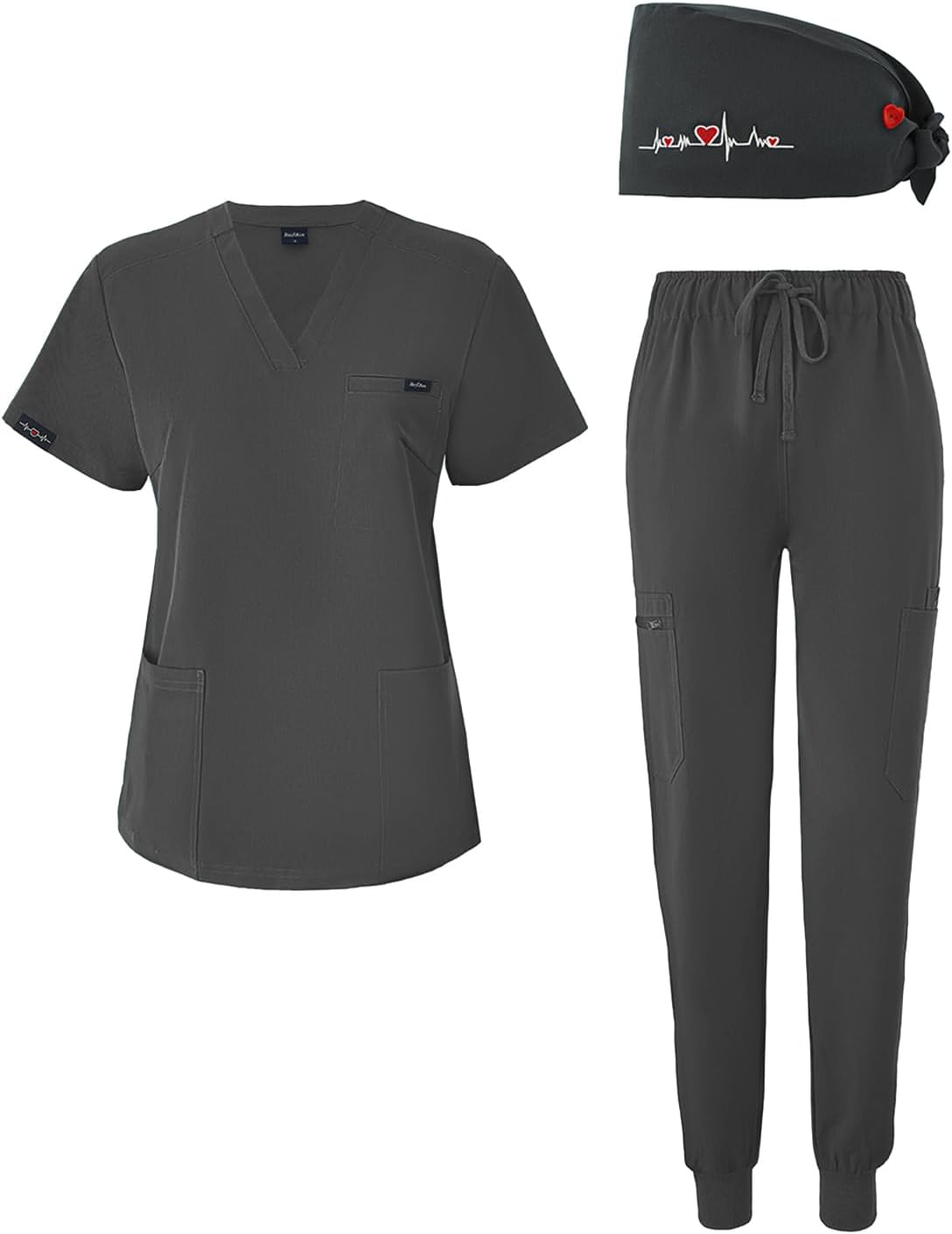 Women's V-Neck Scrubs Set With Cap, Stretchy Top and Jogger Pants, 11 Pockets Nursing Uniform