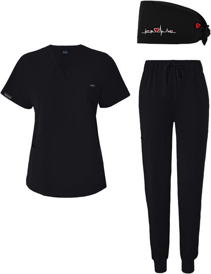Women's V-Neck Scrubs Set With Cap, Stretchy Top and Jogger Pants, 11 Pockets Nursing Uniform