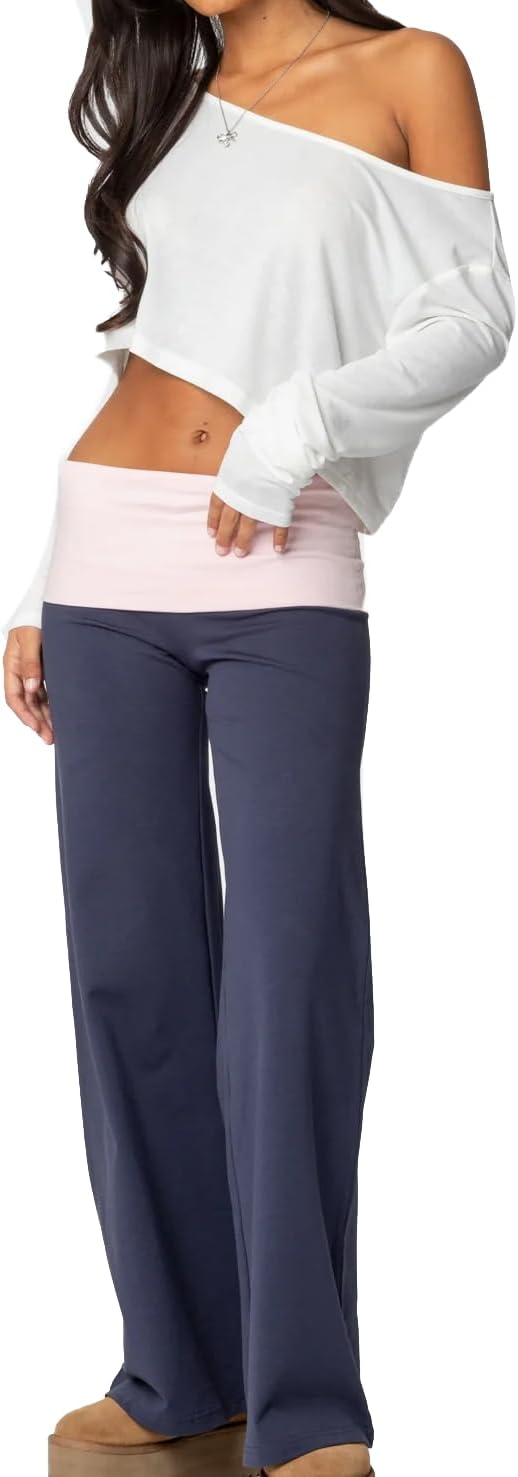 Women Y2k Fold Over Yoga Pants Colour Block Straight Leg Bottoms Low Rise Stretchy Lounge Trousers