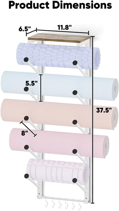 5 Tiers Yoga Mat Holder Rack Wall Mount with 6 Hooks for Hanging Accessory Yoga Strap Foam Rollers Resistance Bands, Yoga Mats Organizer with Floating Shelf for Home Gym Storage Fitness