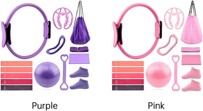 Pilates Essentials Kit for Women, 14 Pcs Home Workout Equipment with Pilates Circle Ball Ring Set Resistance Bands and Anti Slip Sock, Yoga Pilate Essentials Accessories