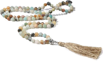 108 Mala Beads Necklace Semi-Precious Gem Stones Meditation Necklace 108 Hand Knotted Japa Mala Beaded Tassel Necklace with Tree of Life Pendant