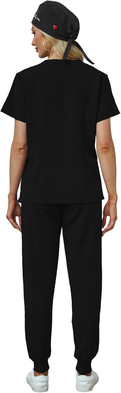 Women's V-Neck Scrubs Set With Cap, Stretchy Top and Jogger Pants, 11 Pockets Nursing Uniform