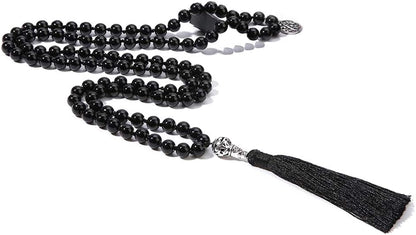 108 Mala Beads Necklace Semi-Precious Gem Stones Meditation Necklace 108 Hand Knotted Japa Mala Beaded Tassel Necklace with Tree of Life Pendant