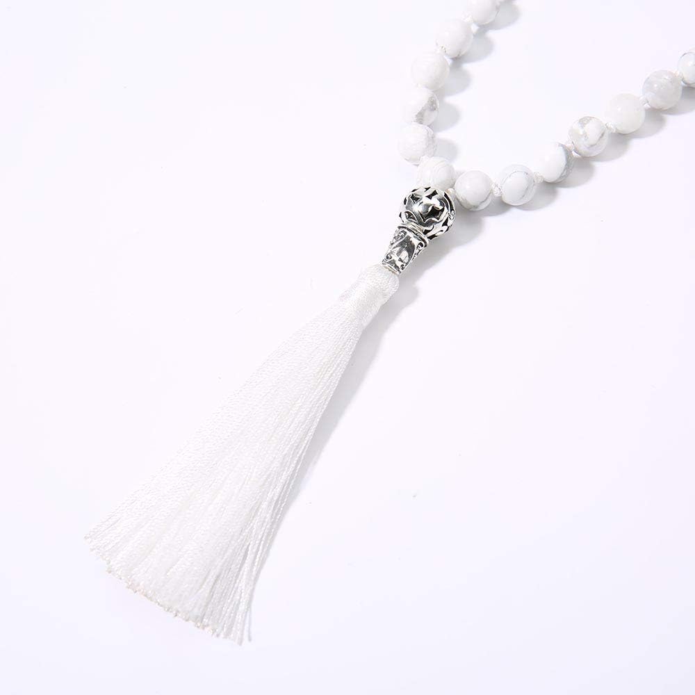 108 Mala Beads Necklace Semi-Precious Gem Stones Meditation Necklace 108 Hand Knotted Japa Mala Beaded Tassel Necklace with Tree of Life Pendant