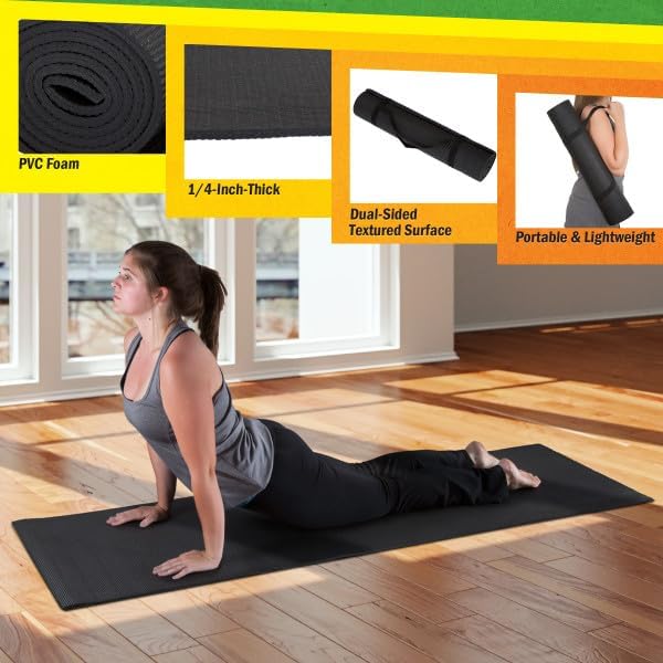 Yoga Mat Set - 4-Pack of Resistance Bands for Working Out with 1/4-Inch Workout Mat - Home Gym Starter Kit - Exercise Equipment by Wakeman (Black)