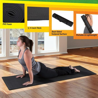 Yoga Mat Set - 4-Pack of Resistance Bands for Working Out with 1/4-Inch Workout Mat - Home Gym Starter Kit - Exercise Equipment by Wakeman (Black)