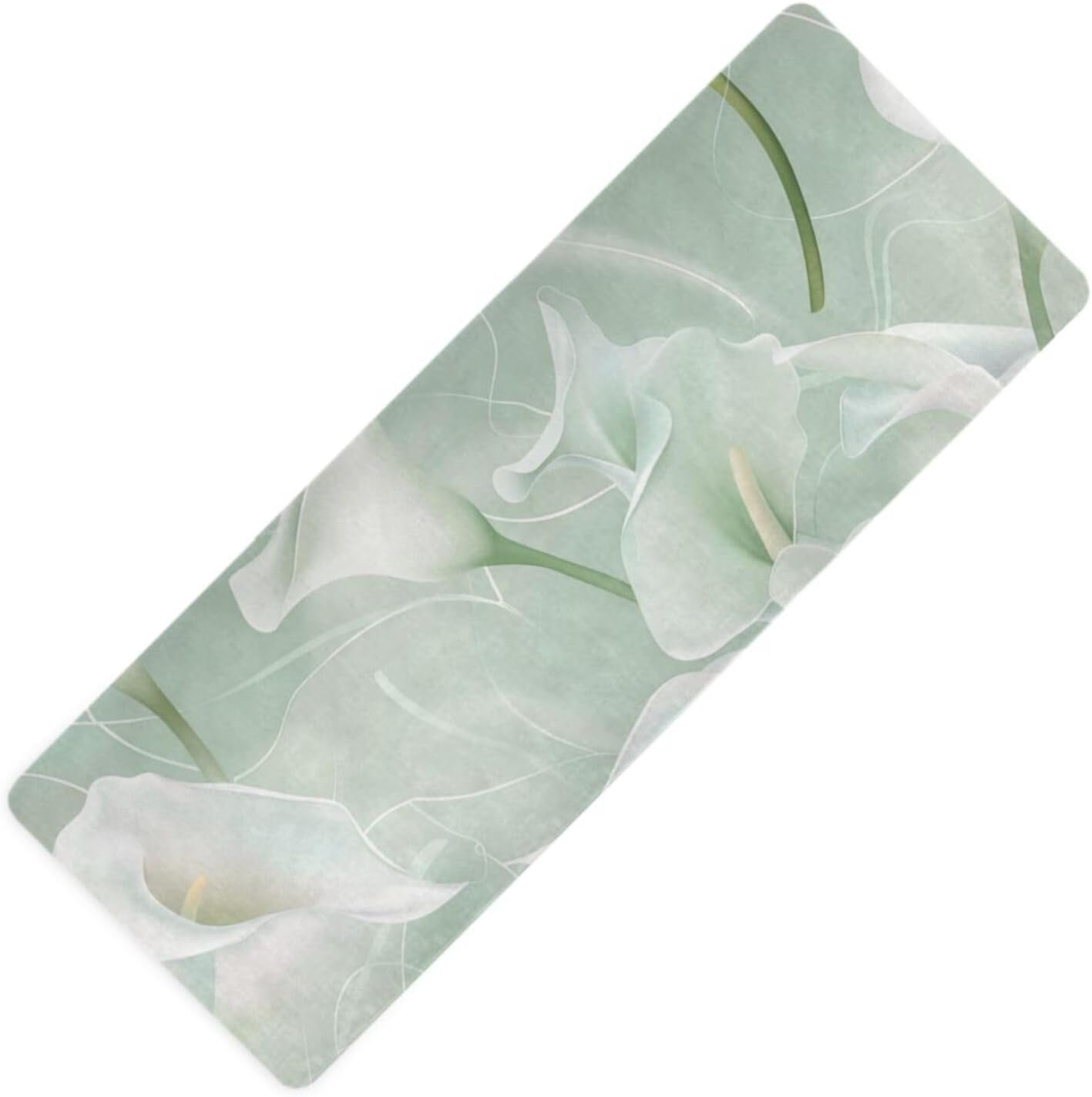 Calla Lily Flower Pastel Colors Mint Green printed yoga mat with strap for home gym, natural rubber non slip, with bag tapete para ejercicio 71x26 inches