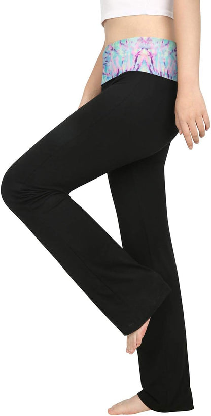 HDE Women's Color Block Fold Over Waist Yoga Pants Flare Leg Workout Leggings