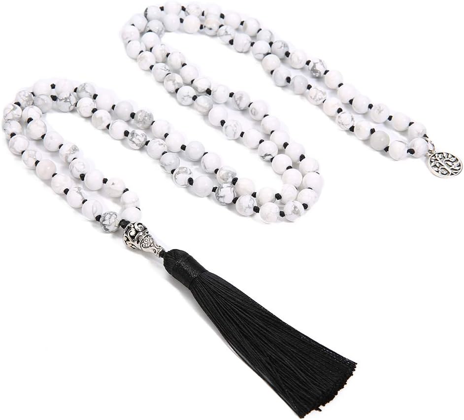 108 Mala Beads Necklace Semi-Precious Gem Stones Meditation Necklace 108 Hand Knotted Japa Mala Beaded Tassel Necklace with Tree of Life Pendant