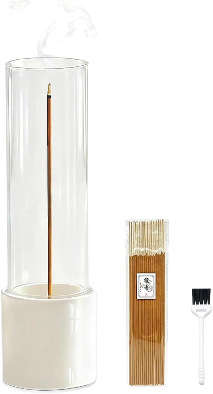 Ceremony Incense Holder, Wooden Incense Holder for Sticks with Glass Ash Catcher, Anti-ash Incense Burner with 20 Incense Sticks and a Ash Brush for Meditation Yoga Spa Room Decor