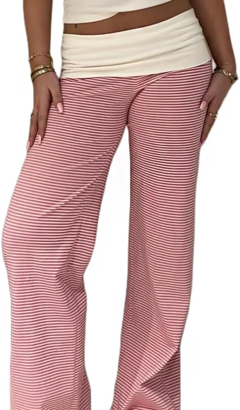 Women Y2k Fold Over Yoga Pants Colour Block Straight Leg Bottoms Low Rise Stretchy Lounge Trousers