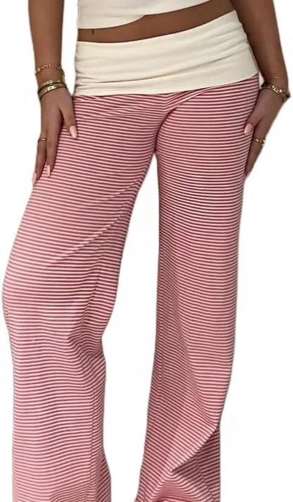 Women Y2k Fold Over Yoga Pants Colour Block Straight Leg Bottoms Low Rise Stretchy Lounge Trousers