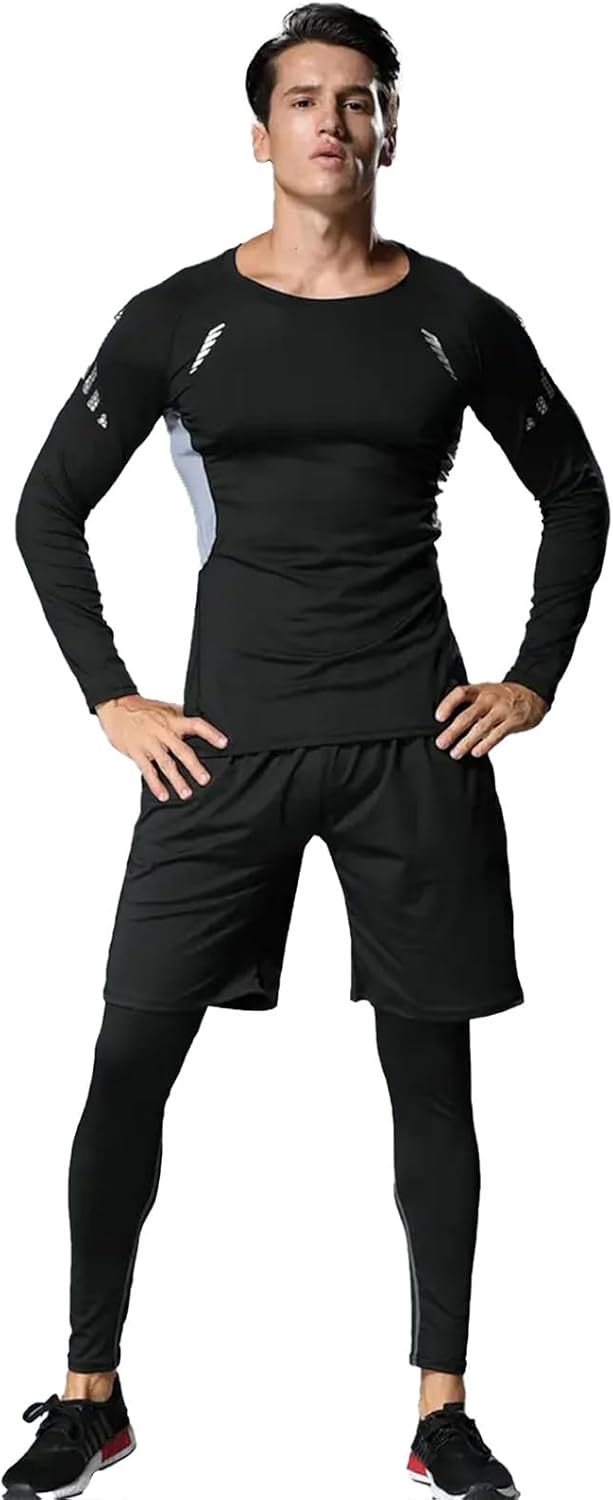 3 PCS Men's Compression Set - Workout Long Sleeve Top & Pants with running Shorts | Moisture-Wicking Gym Bundle