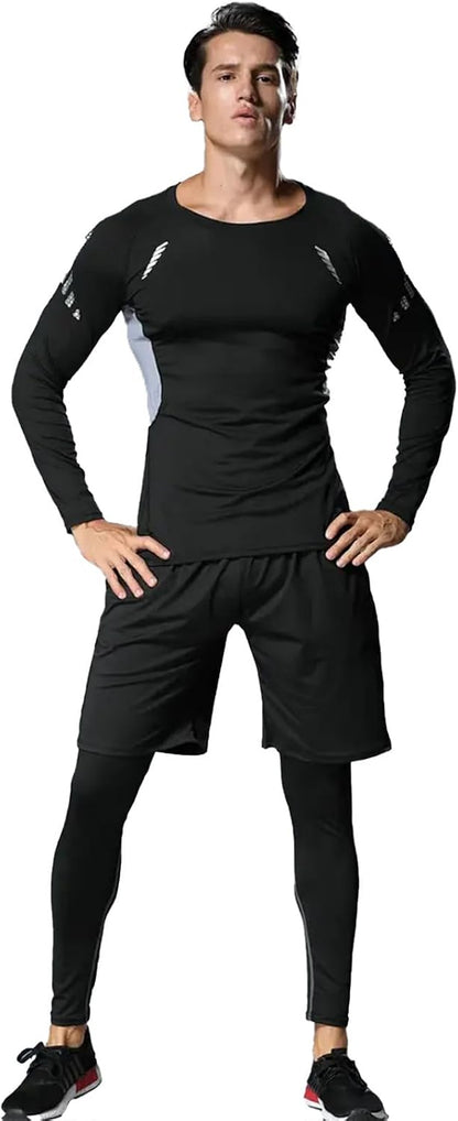 3 PCS Men's Compression Set - Workout Long Sleeve Top & Pants with running Shorts | Moisture-Wicking Gym Bundle