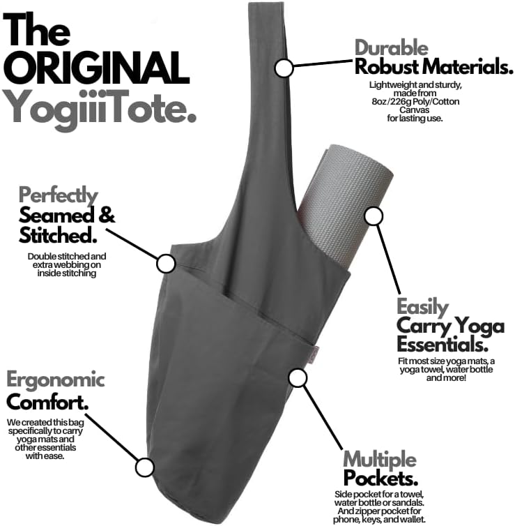 Yogiii Yoga Mat Bag | The ORIGINAL YogiiiTote | Yoga Mat Carrier Tote Sling w/Large Side Pocket & Zipper Pocket | Fits Most Size Mats