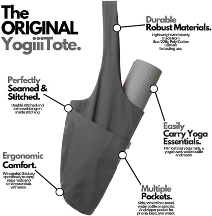 Yogiii Yoga Mat Bag | The ORIGINAL YogiiiTote | Yoga Mat Carrier Tote Sling w/Large Side Pocket & Zipper Pocket | Fits Most Size Mats