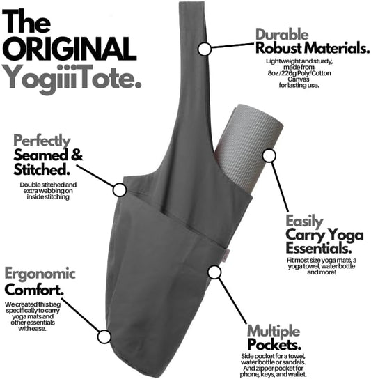 Yogiii Yoga Mat Bag | The ORIGINAL YogiiiTote | Yoga Mat Carrier Tote Sling w/Large Side Pocket & Zipper Pocket | Fits Most Size Mats