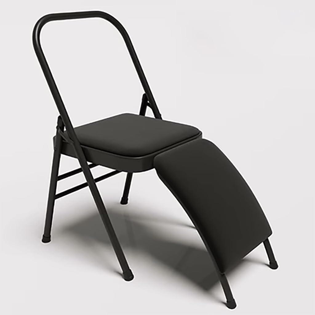 Yoga Auxiliary Chair with Lumbar Back Support,Metal Steel Frame, Backless Yoga Chair Prop,Foldable Portable Yoga Chair with PU Leather/Cotton Linen