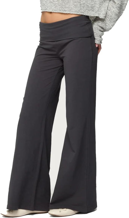 Women Y2k Fold Over Yoga Pants Colour Block Straight Leg Bottoms Low Rise Stretchy Lounge Trousers