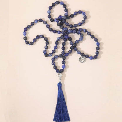 108 Mala Beads Necklace Semi-Precious Gem Stones Meditation Necklace 108 Hand Knotted Japa Mala Beaded Tassel Necklace with Tree of Life Pendant
